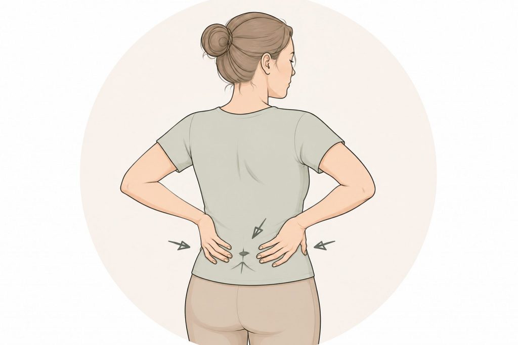 Illustration einer Frau mit Rückenschmerzen nach der Geburt durch einen geschwächten Beckenboden