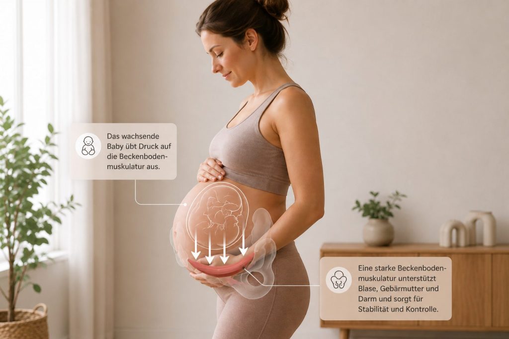 Schwangere Frau mit Darstellung des wachsenden Babys und der Belastung des Beckenbodens während der Schwangerschaft