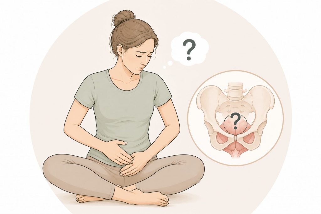 Illustration einer Frau nach der Geburt mit Schwierigkeiten beim gezielten Anspannen des Beckenbodens während der Rückbildung