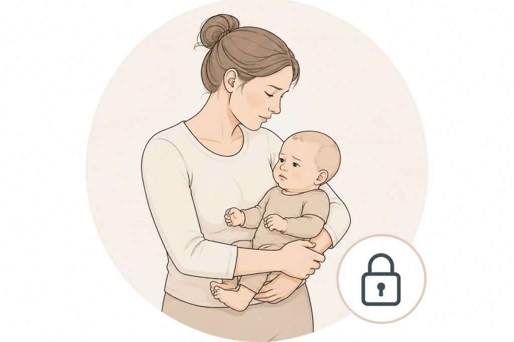 Frau nach der Geburt mit Unsicherheit beim Tragen ihres Babys aufgrund eines geschwächten Beckenbodens – Rückbildungstraining