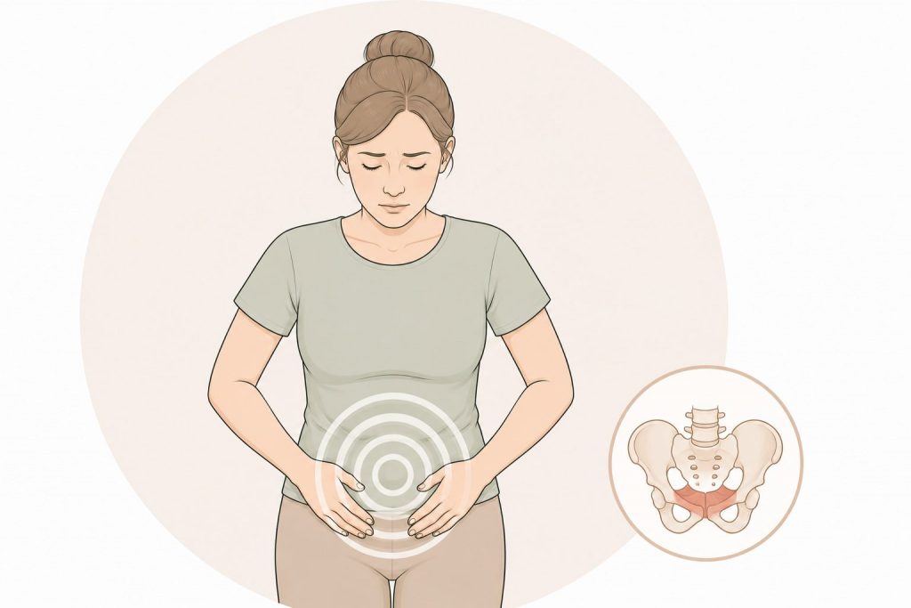 Illustration einer Frau mit Druckgefühl im Becken nach der Geburt während der Rückbildung