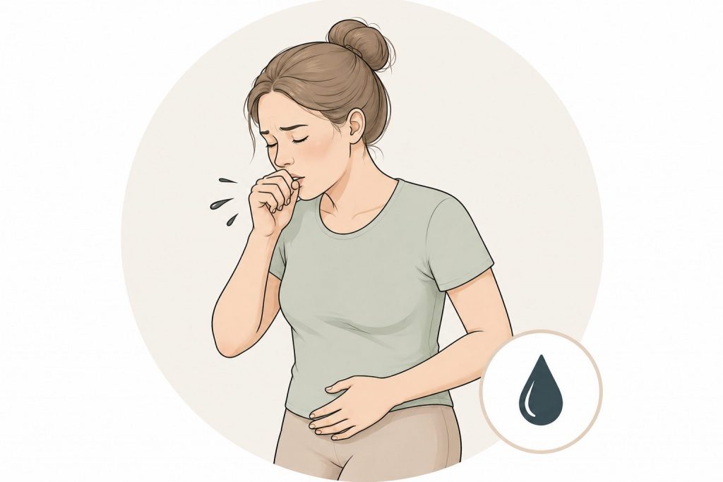 Illustration einer Frau mit Urinverlust beim Husten nach der Geburt durch einen geschwächten Beckenboden