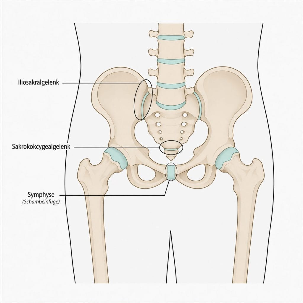 Anatomische Illustration der Gelenke des Beckens mit Iliosakralgelenken, Sakrokokzygealgelenk und Schambeinfuge (Symphyse)