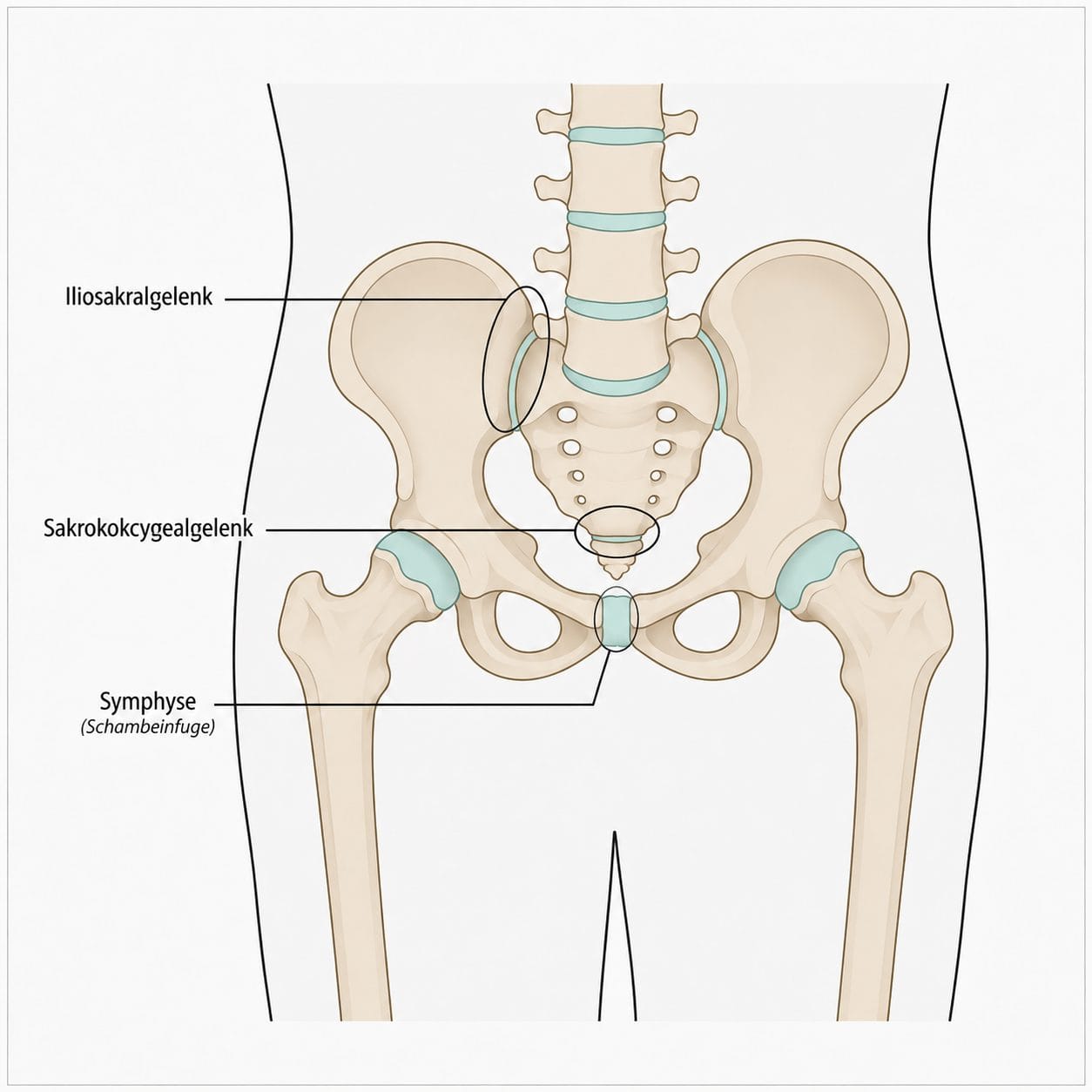 Anatomische Illustration der Gelenke des Beckens mit Iliosakralgelenken, Sakrokokzygealgelenk und Schambeinfuge (Symphyse)
