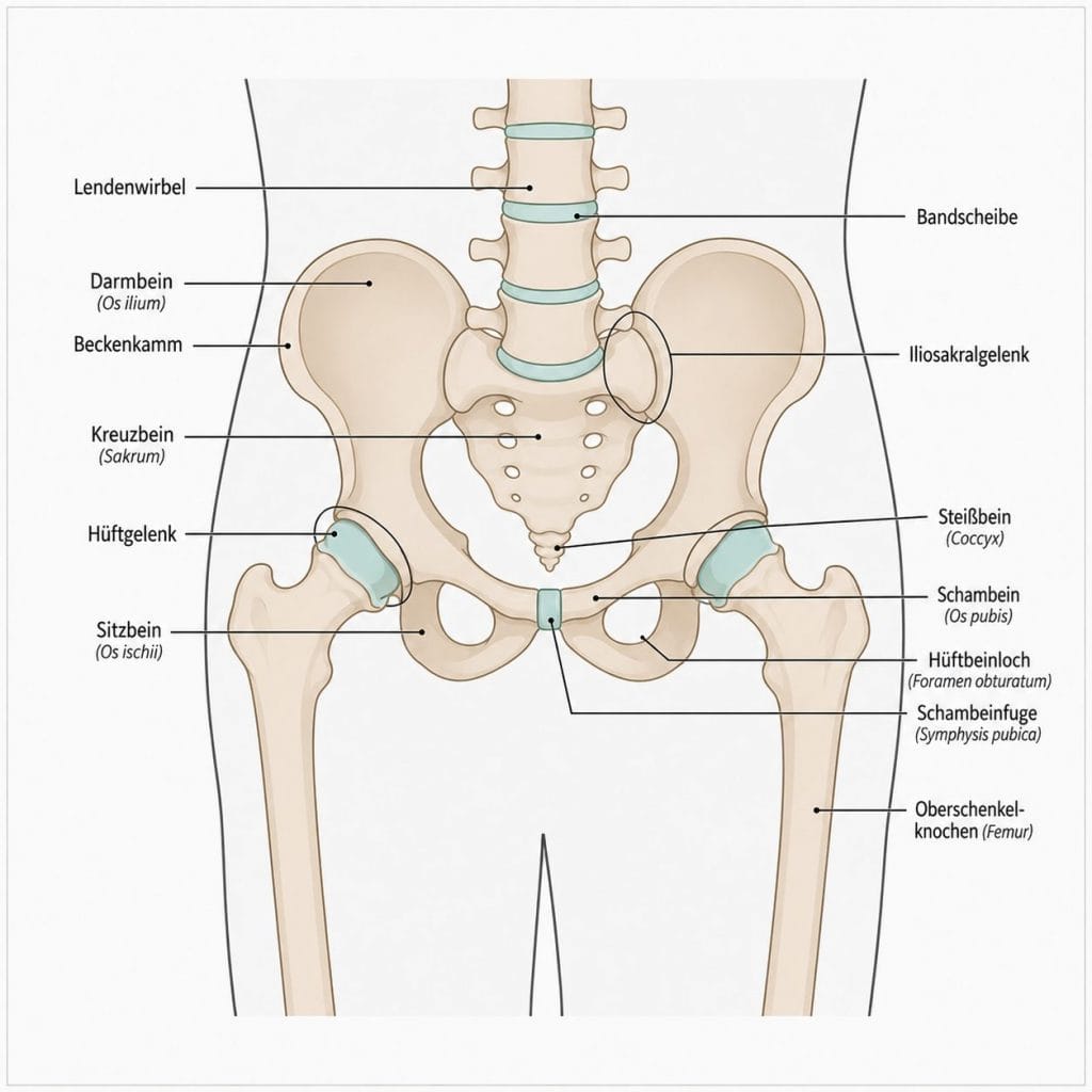 Anatomische Illustration des menschlichen Beckens mit Lendenwirbeln, Kreuzbein, Hüftgelenken, Sitzbein und Schambein