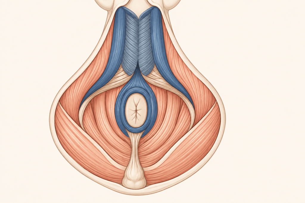 Anatomische Darstellung der ersten Beckenbodenschicht beim Mann mit oberflächlicher Beckenbodenmuskulatur