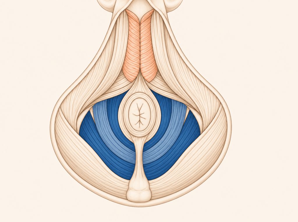 Anatomische Darstellung der dritten Beckenbodenschicht beim Mann mit tiefer Beckenbodenmuskulatur
