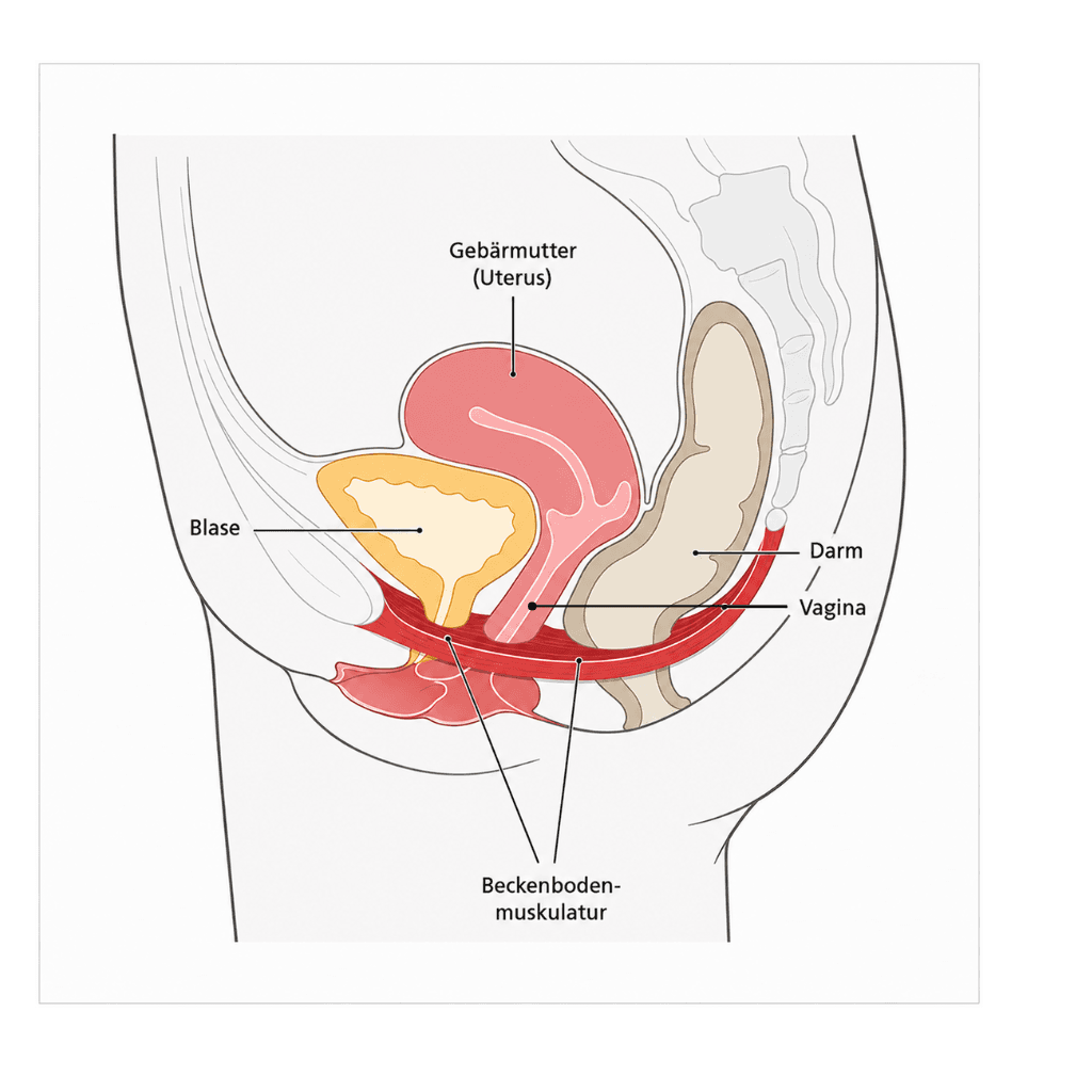 Anatomische Illustration der Organe im weiblichen Becken mit Gebärmutter, Blase, Darm, Vagina und Beckenbodenmuskulatur in der Seitenansicht