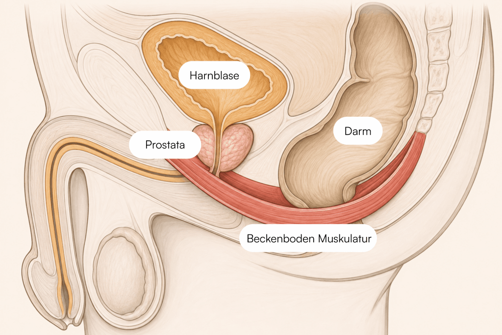 Anatomische Darstellung des männlichen Beckens mit Harnblase, Prostata, Darm und Beckenbodenmuskulatur