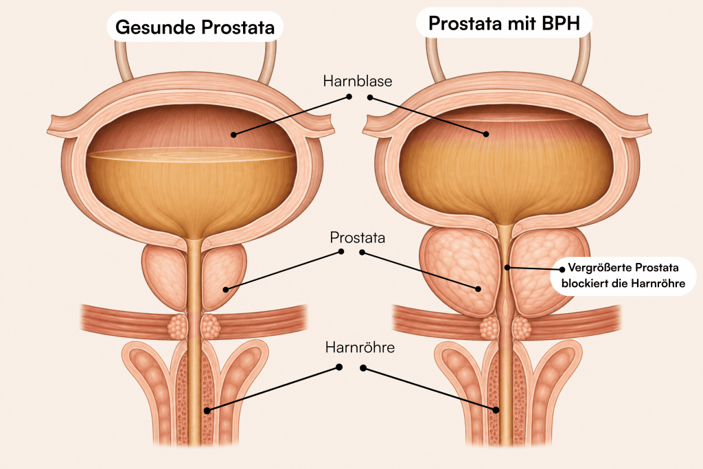 Vergleich einer gesunden und vergrößerten Prostata bei BPH mit Einengung der Harnröhre