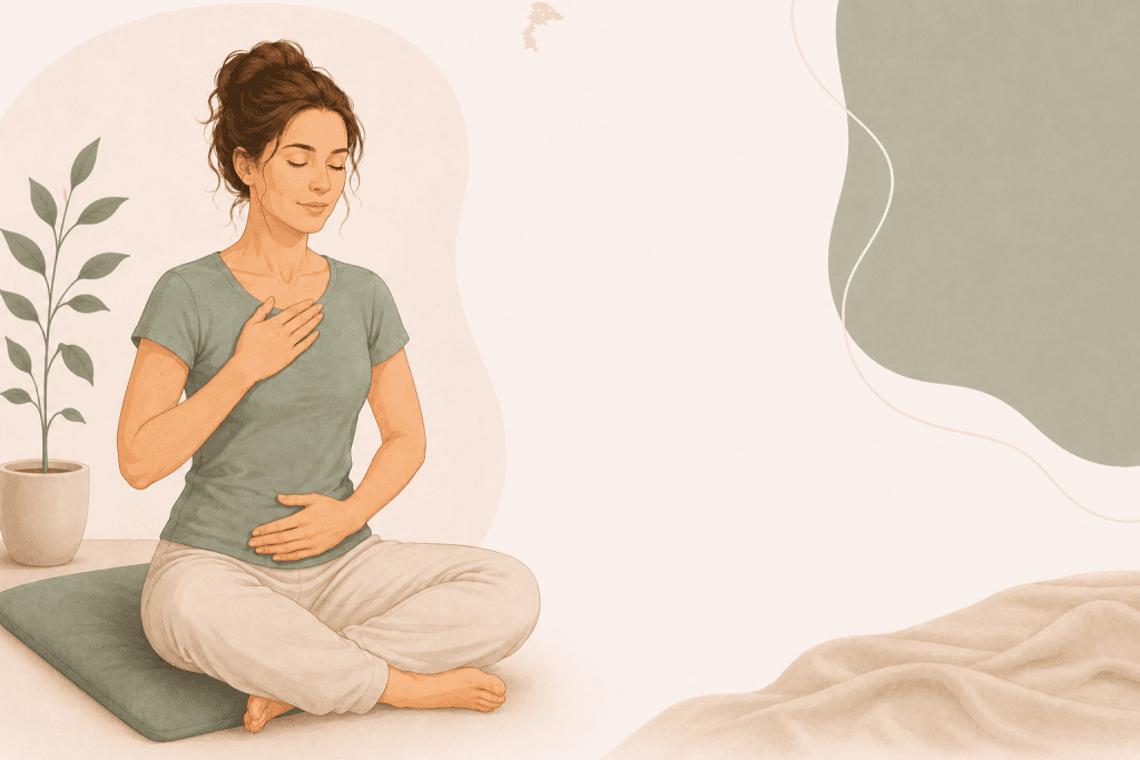 Illustration einer Frau bei einer ruhigen Atemübung zur Förderung der Beckenbodenwahrnehmung und bewussten Bauchatmung