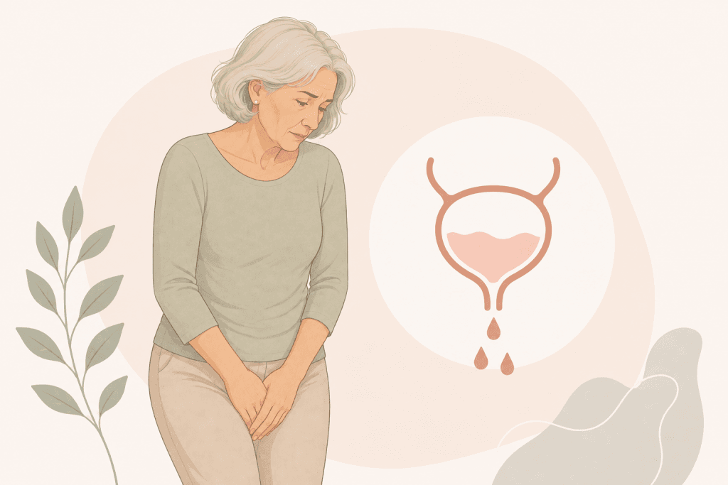 Illustration einer Frau mit Belastungsinkontinenz und Blasenschwäche sowie einer schematisch dargestellten Blase mit Urinverlust
