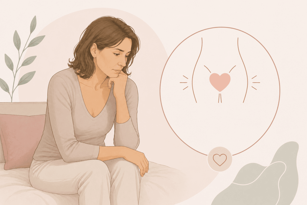 Illustration einer nachdenklichen Frau mit Symbol für den Intimbereich zur Darstellung der Bedeutung eines gesunden Beckenbodens für die weibliche Intimgesundheit