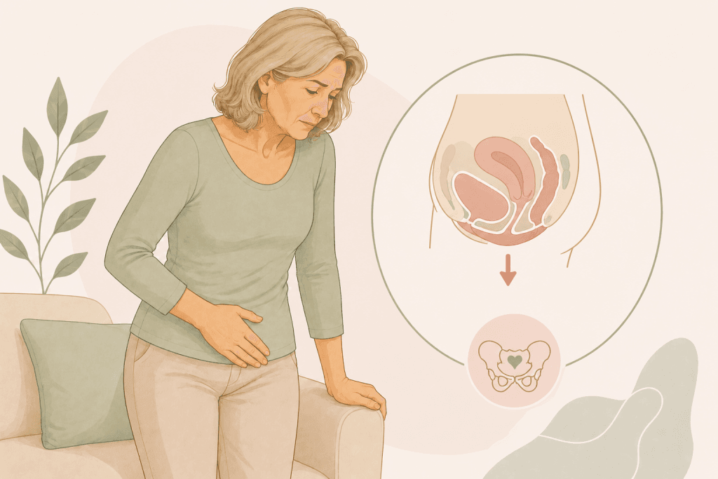 Illustration einer Frau mit Beschwerden durch eine Organsenkung sowie schematische Darstellung abgesunkener Beckenorgane bei einem geschwächten Beckenboden