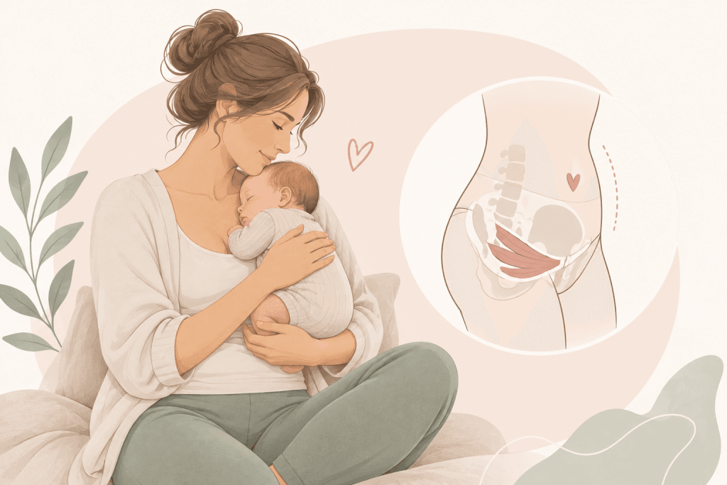 Illustration einer Mutter mit ihrem Baby sowie schematische Darstellung des Beckenbodens zur Veranschaulichung der Rückbildung nach der Geburt