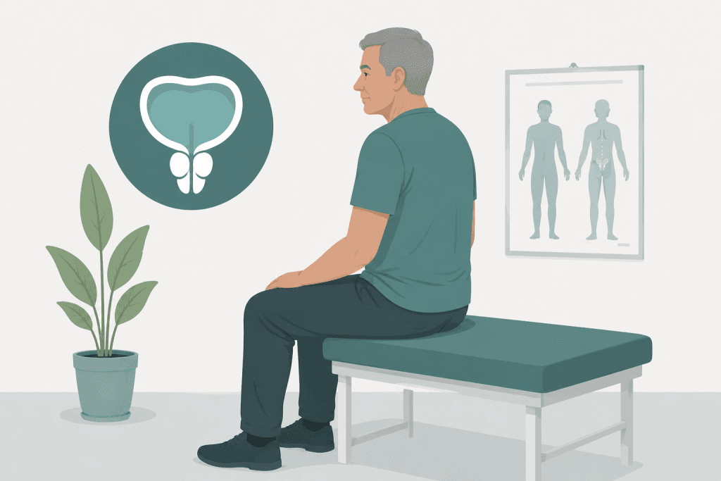 Illustration eines Mannes zum Beckenbodentraining nach einer Prostata-OP mit Darstellung von Blase und Prostata