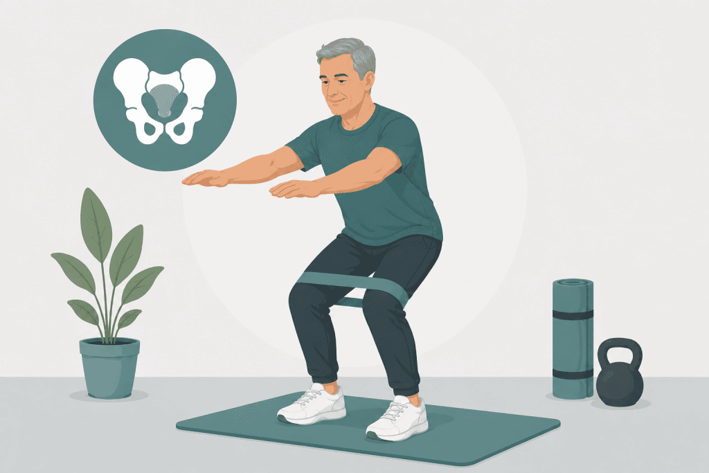 Illustration eines Mannes beim Stabilitätstraining mit Widerstandsband zum Thema Beckenbodenbeschwerden und Beckenstabilität