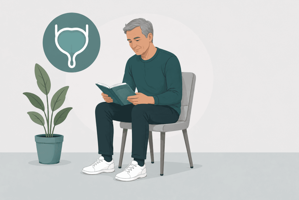Illustration eines Mannes zum Thema Inkontinenz und Blasenschwäche mit Symbol einer Harnblase