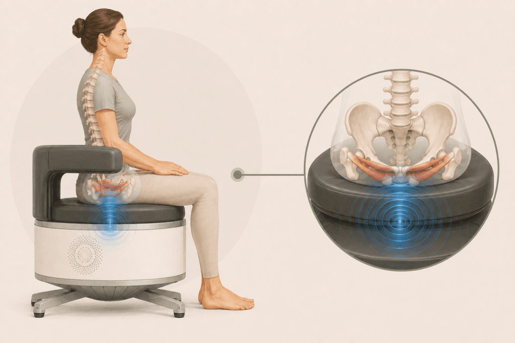 Frau sitzt auf einem Beckenbodenstuhl mit Darstellung der elektromagnetischen Stimulation der Beckenbodenmuskulatur